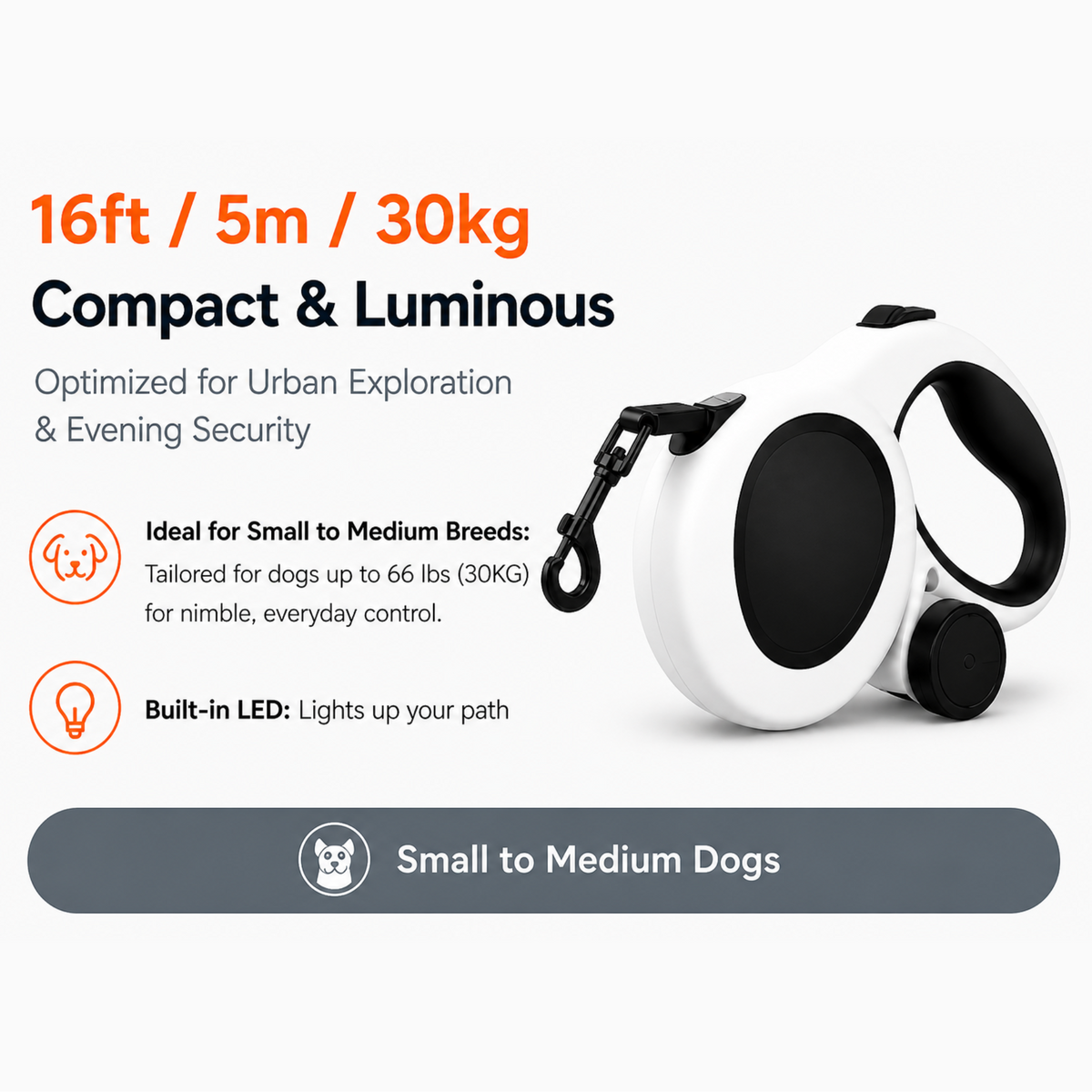 Retractable dog leash with features highlighted on a white background