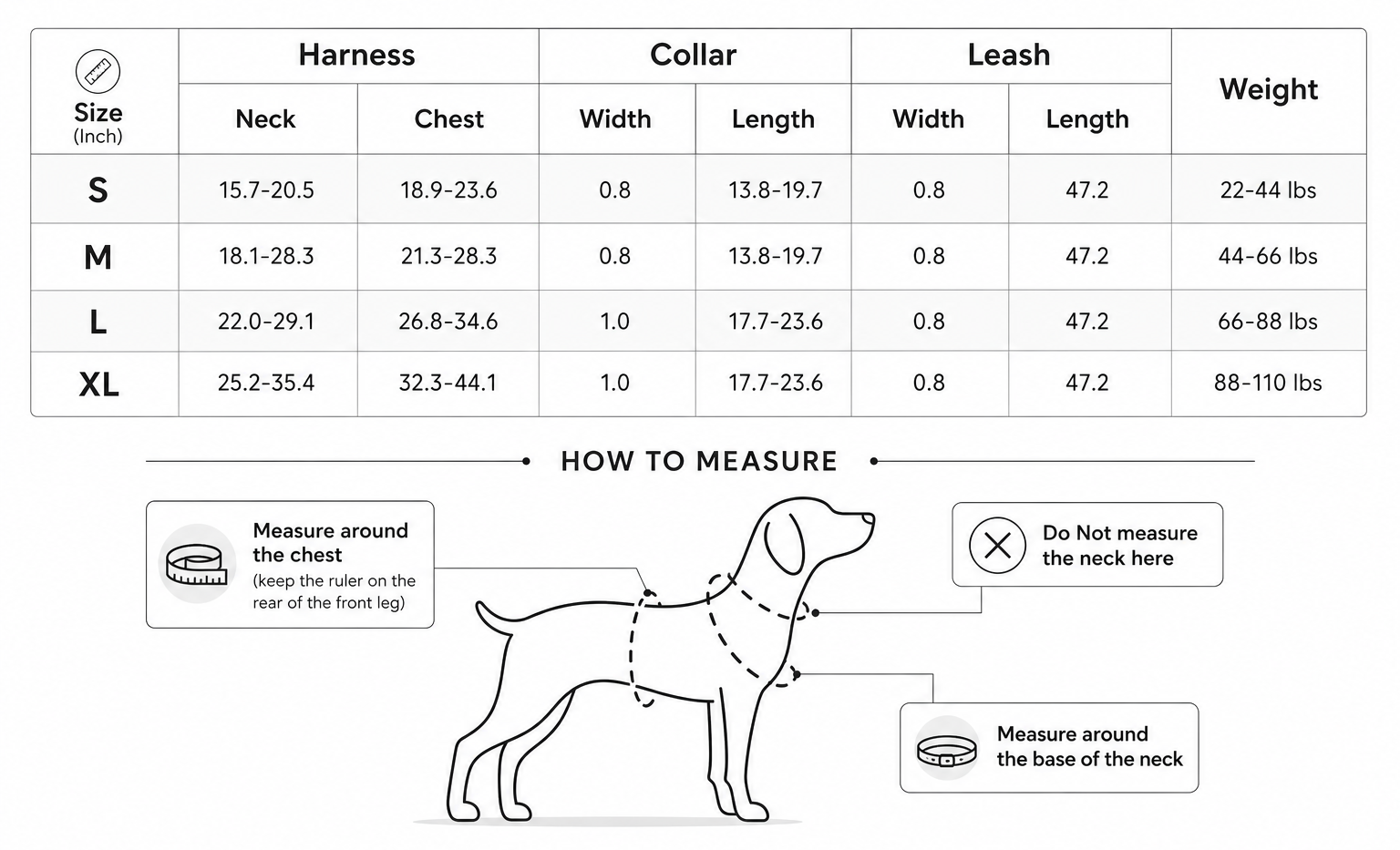 Dog harness, collar, and leash size chart with measurement guide.