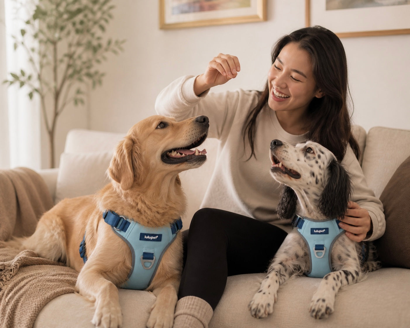 Woman sitting on a couch with two dogs wearing blue harnesses, smiling and interacting.