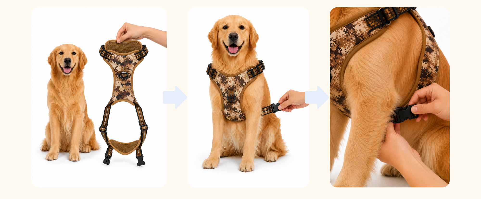 Collage of a camouflage-patterned dog harness being demonstrated on a Golden Retriever.