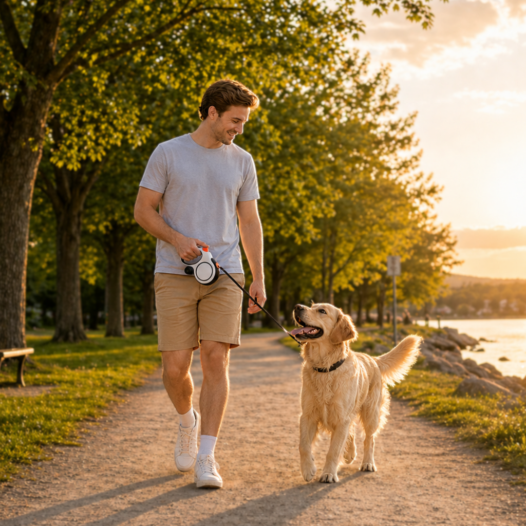 Man walking a dog along a path by a lake at sunset
