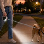 Woman walking a dog on a leash with a light attached, at sunset.