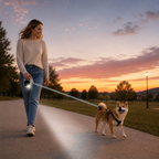Woman walking a dog on a leash with a light at sunset