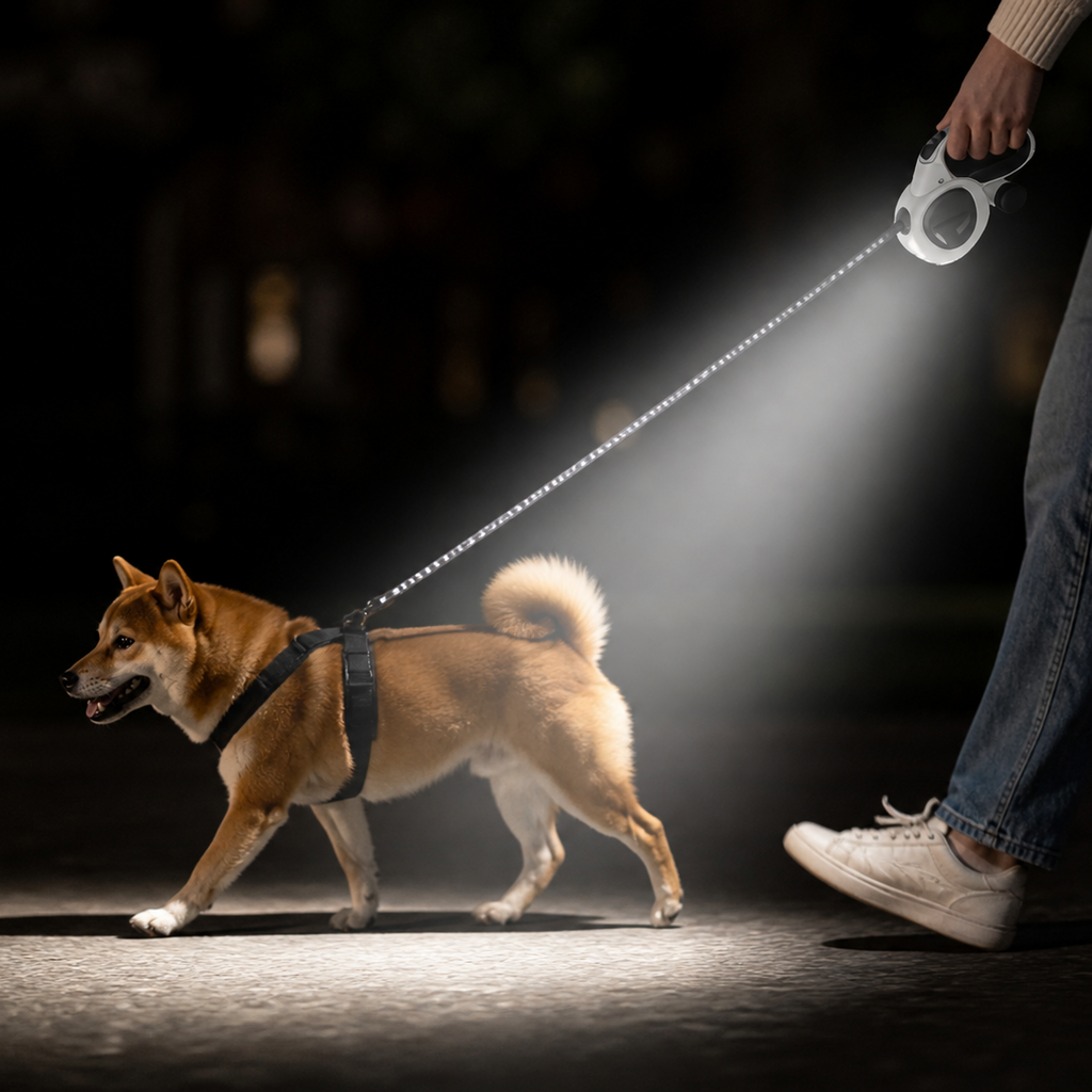 Dog being walked on a leash with a flashlight, highlighting the product in a dark setting.