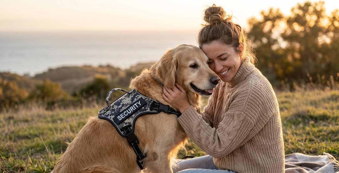 Woman sitting with a dog wearing a 'Security' vest in a field at sunset.